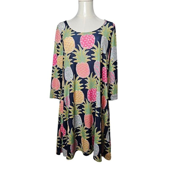 Simply Southern Small Pineapple Dress Navy Stretch Knit Sharkbite Hem Tropical - Picture 1 of 8